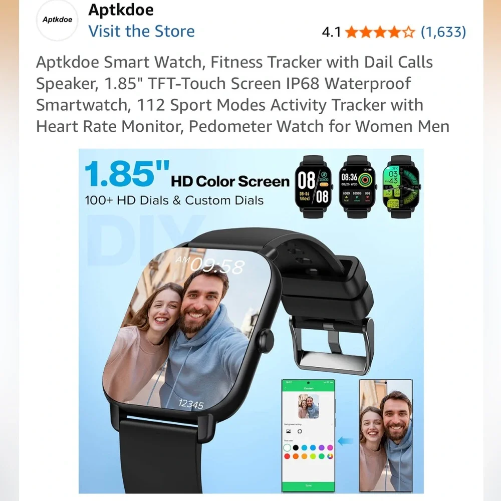 Aptkdoe Black Smartwatch with USB Charging Cable